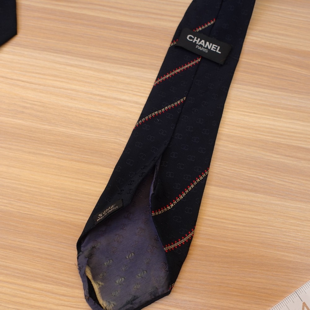 CHANEL Neck Tie Men Black CC Monogram Logo Stripe Silk French Luxury FRANCE $425 - Picture 15 of 16